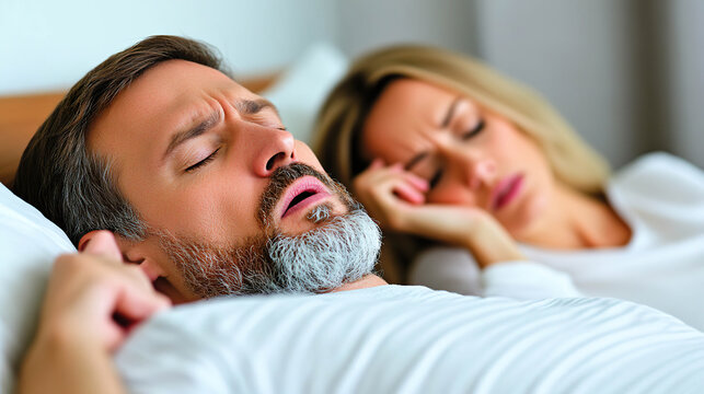 Man snoring in bed while his partner looks annoyed by the nighttime noise. Generated with AI.