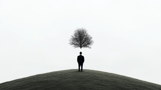 Solitary figure atop a hill, minimalist landscape, contemplation, reflection, possible use in mindfulness or inspirational content