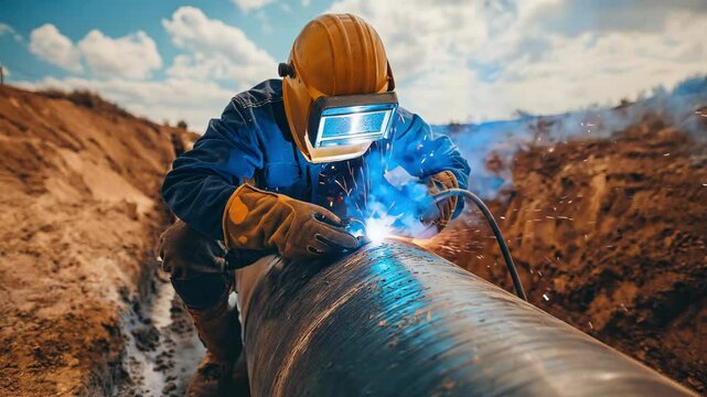 A worker is welding a pipe at a construction site under a clear sky while wearing protective gear