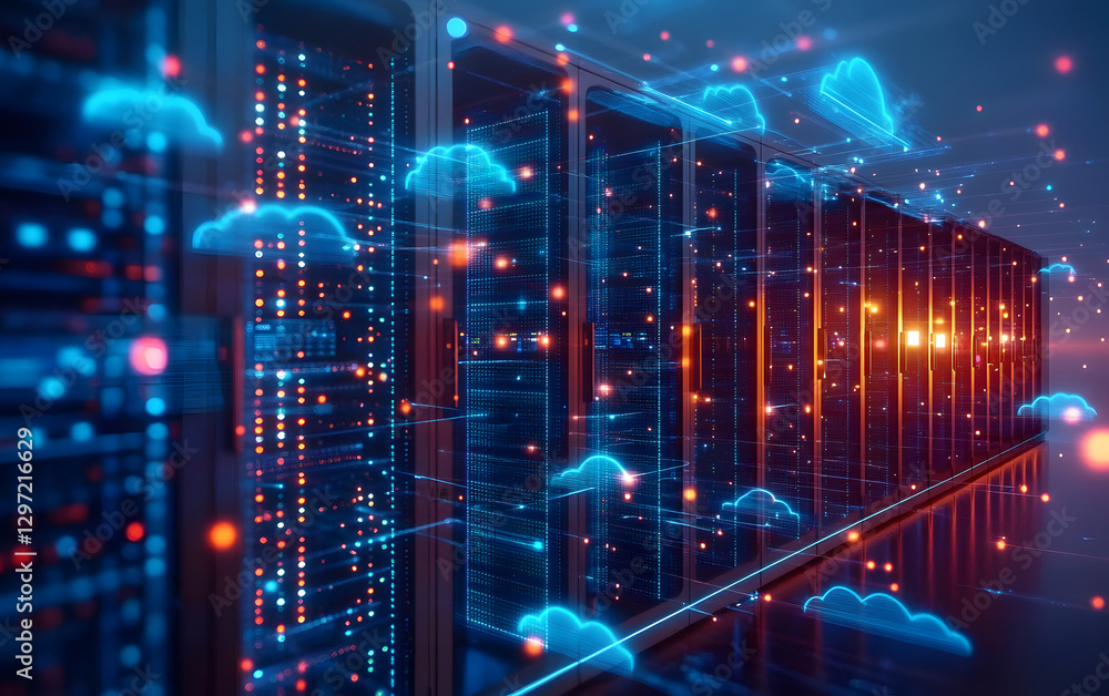 Poster a virtual network of connected servers and cloud systems, flowing data and glowing digital nodes, re