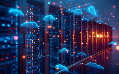 A virtual network of connected servers and cloud systems, flowing data and glowing digital nodes, representing advanced storage and cloud services