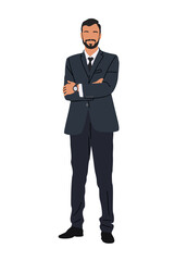 Businessman character standing with his arms crossed. Handsome bearded man wearing formal suit and tie. Vector realistic illustration isolated on white background.