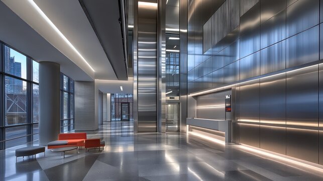 The modern office lobby has bright and clean design features