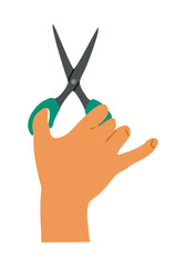 Hand holding Scissors. Hand drawn cartoon style flat Vector illustration isolated on white background. Design element, logo, social media icon template.
