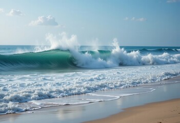 Fototapeta premium Waves crashing on sandy beach under a clear blue sky