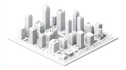 Naklejka premium Isometric city view, white, urban landscape, architectural design, presentation, illustration