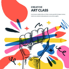 Brush, pencil in human hand on paints blots background. Kids creative art concept. Vector hand drawn sketch illustration