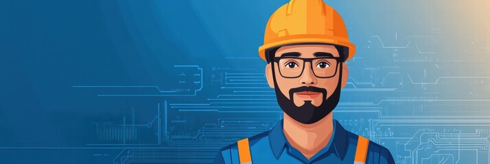 Portrait of a worker in a hard hat against a technological backdrop for advertising
