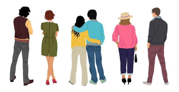 Set of different people standing full length rear view. Men, women, couple in casual clothes from behind, turned back. Characters backside. Vector realistic illustrations isolated on white background.