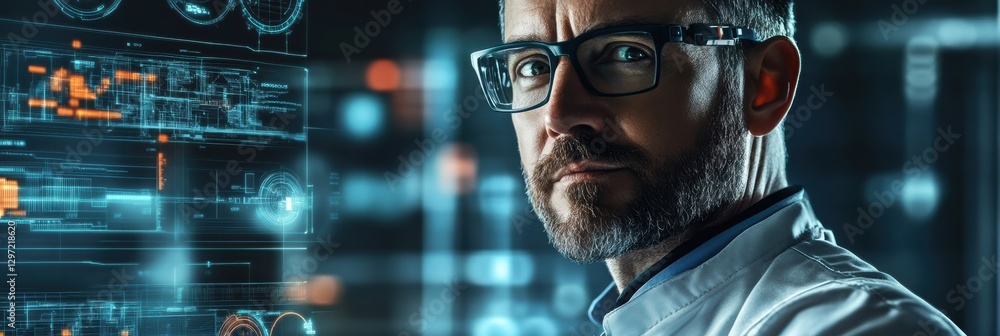 Poster professional in white lab coat analyzing data in a high-tech environment