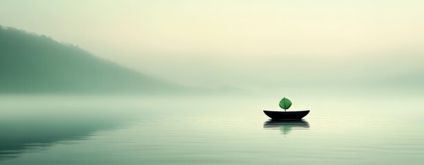 Fototapeta premium Serene Boat on Misty Lake with Green Leaf