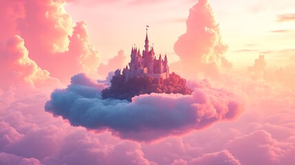 A fantasy castle floating on a cloud in a pink sky