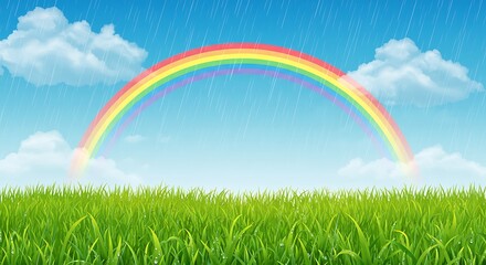 Naklejka premium Vibrant Rainbow Over Green Grass Field After Rain Shower
