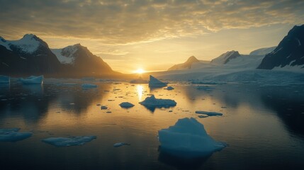 Serene Sunrise Over Arctic Fjord with Floating Icebergs and Golden Light
