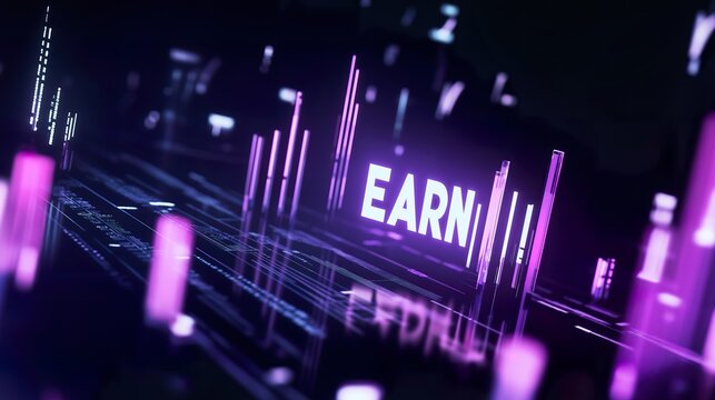 Cryptocurrency market interface with glowing earn text and fluctuating stock charts