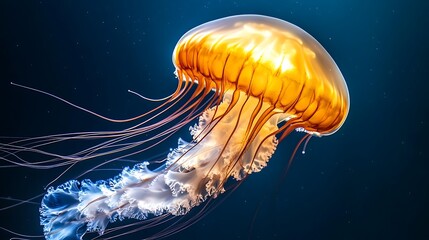 A jellyfish illuminated from within, drifting through a deep ocean