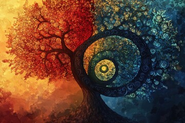Vibrant Yin Yang Tree with Whimsical Spiral Design: A Harmony of Nature and Color