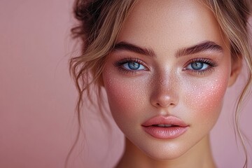 Naklejka premium Stunning close-up portrait capturing glowing skin and vibrant blue eyes with soft pink background
