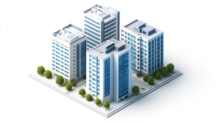 Cityscape, isometric view, buildings, trees, white background, urban development illustration