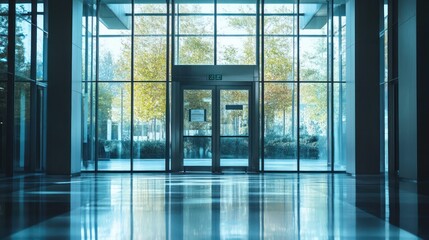 A wide view inside an office building entrance