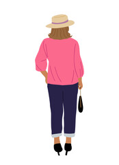Woman standing rear view. Businesswoman in casual clothes and hat with bag from behind, turned back. Cartoon female Character backside. Vector realistic illustration isolated on white background.
