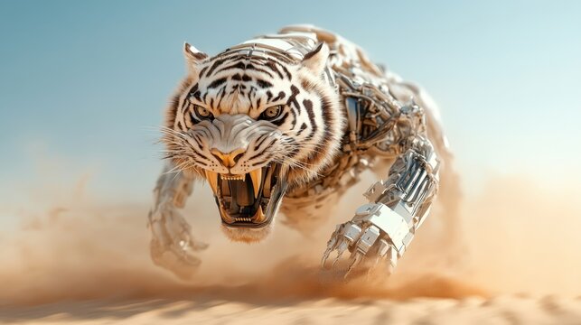 An impressive scene featuring a white robotic tiger in mid-leap, epitomizing the fusion of wildlife and technology in an engaging composition that highlights movement and agility.
