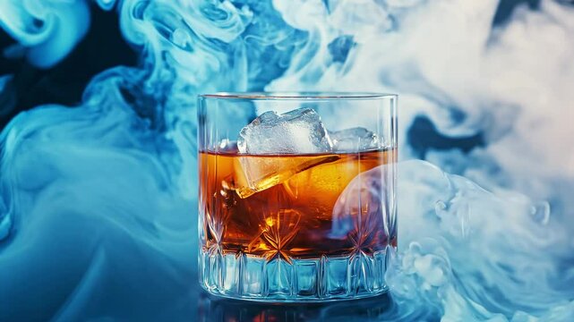 A smoky whiskey cocktail with ice cubes in glass while surrounded by swirling smoke effects on dark background