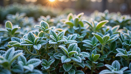 Frosted wintergreen leaves glistening at twilight, nature's calm