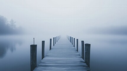 Fototapeta premium Serene Pier Extending into Misty Lake at Dawn with White Fog