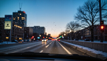 Fototapeta premium Twilight city view through raindrops on windshield, urban tranquility