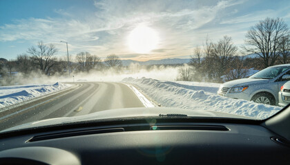 Fototapeta premium Frosty car windshield revealing sunny landscape, winter morning tranquility