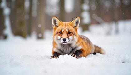 Fox lying in snow amidst trees