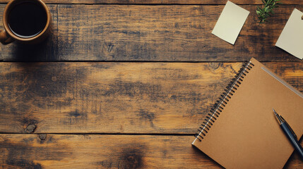 Fototapeta premium A planner, pen, and sticky notes arranged neatly on a wooden table -