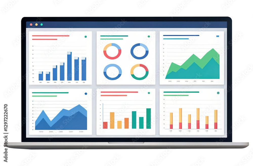 Poster data visualization on laptop screen featuring various charts and graphs, including bar charts, line 
