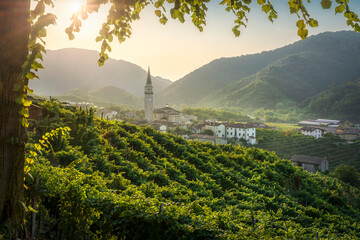 Guia village and vineyards in the Prosecco Hills. Valdobbiadene, Italy