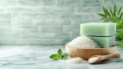 A serene arrangement of green soap bars and rice in a bowl, combining natural elements and textures, ideal for a soothing spa aesthetic in a calming environment.