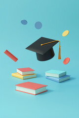 A levitating graduation cap above colorful books with scattered confetti. Concept of Graduation, academic achievement, future success.