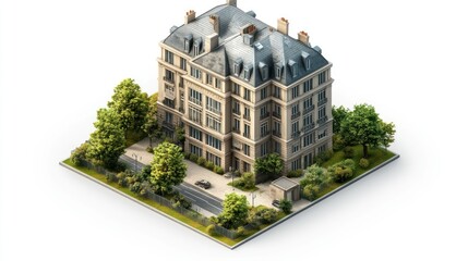European building isometric view, city park, architectural design, digital illustration, for city planning or design
