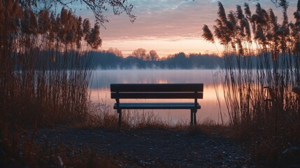 Serene Wooden Bench Overlooking Misty Lake at Sunrise with Reeds