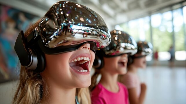 A group of joyful children wearing shiny virtual reality headsets, immersed in an exciting digital experience, laughter and joy radiating from their expressions.