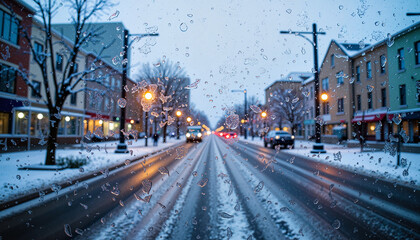 Obraz premium Icy window reflections on snowy street at dusk, winter serenity