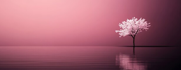 Serene Pink Blossom Tree by Still Water at Sunset