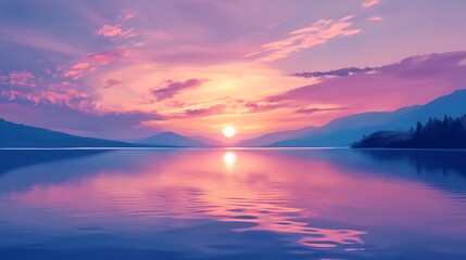 Obraz premium A serene sunset over a calm ocean with soft waves