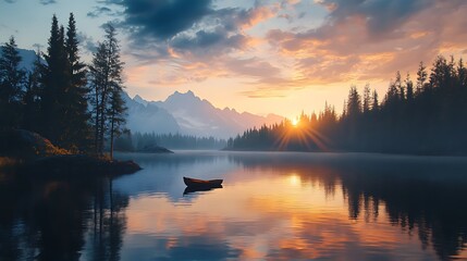 Fototapeta premium A serene sunset over a calm ocean with soft waves