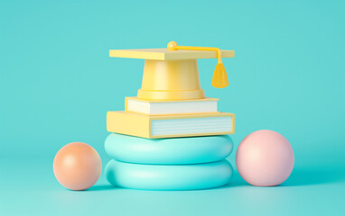 graduation cap sits atop a neat stack of colorful books against a bright turquoise background. A concept of academic achievement and learning.