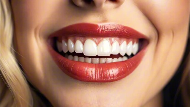 Close up of person smiling with perfect white, healthy, straight teeth, partial face visible woman with flawless dental aesthetic. Concept of cosmetic dentistry, dental care, beauty industry.