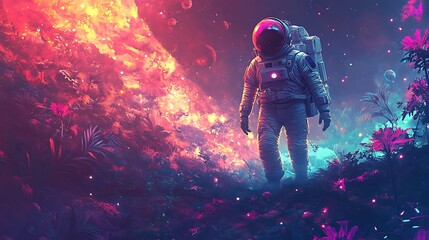 Obraz premium A space explorer walking on a vibrant alien planet with glowing flora