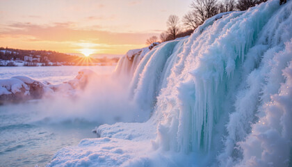 Fototapeta premium Ethereal winter sunrise over frozen waterfall, serene nature beauty