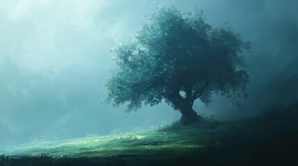 A lone tree stands majestic in a mystical green mist