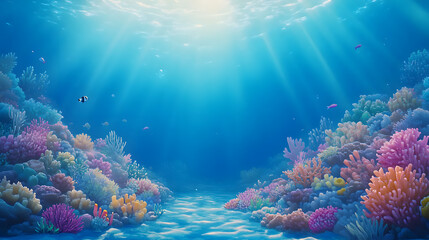 A vibrant and colorful cartoon seafloor with coral reefs, marine life
